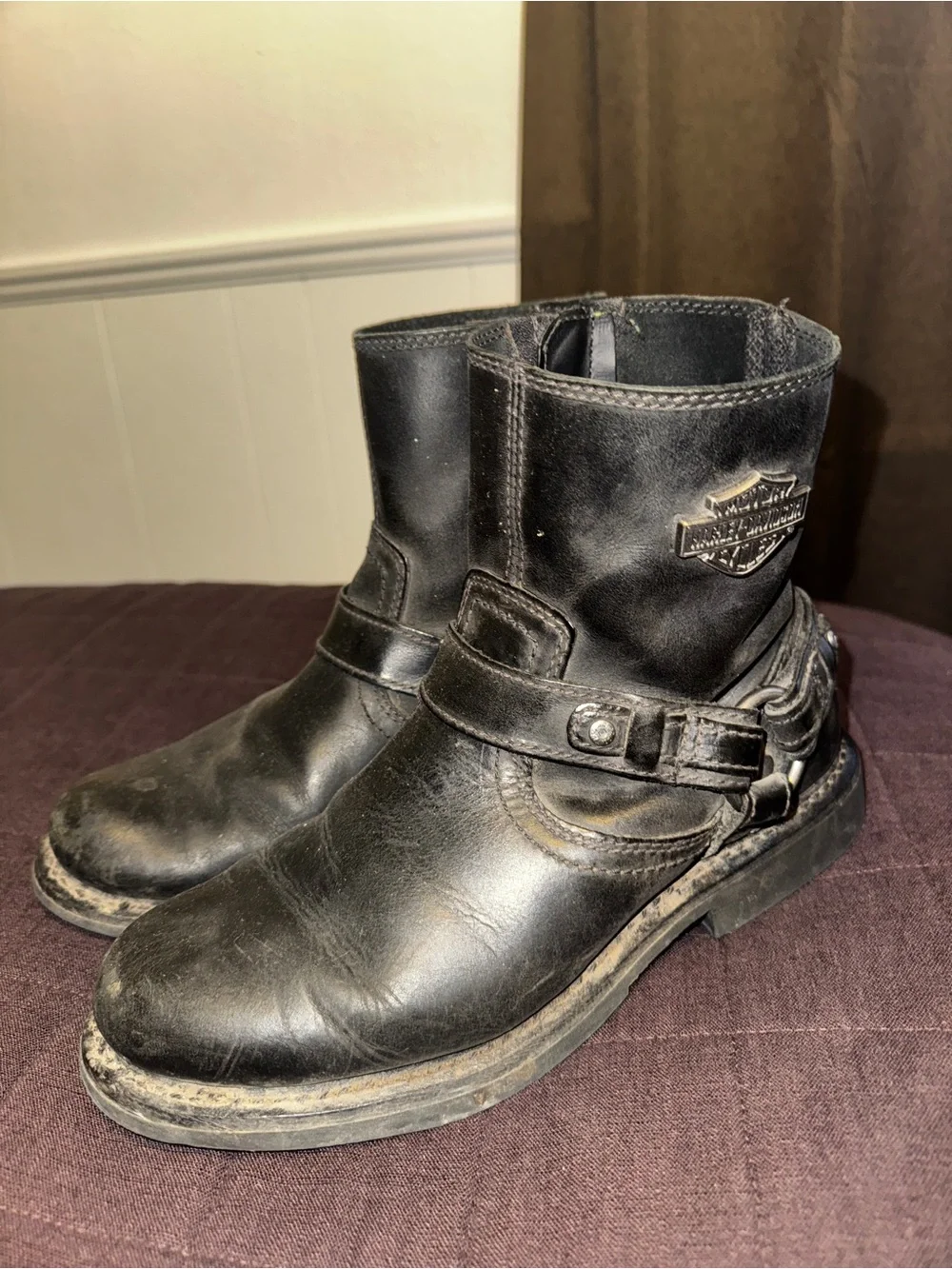 Harley‑Davidson Black Leather Harness Motorcycle Boots with Metal Shield